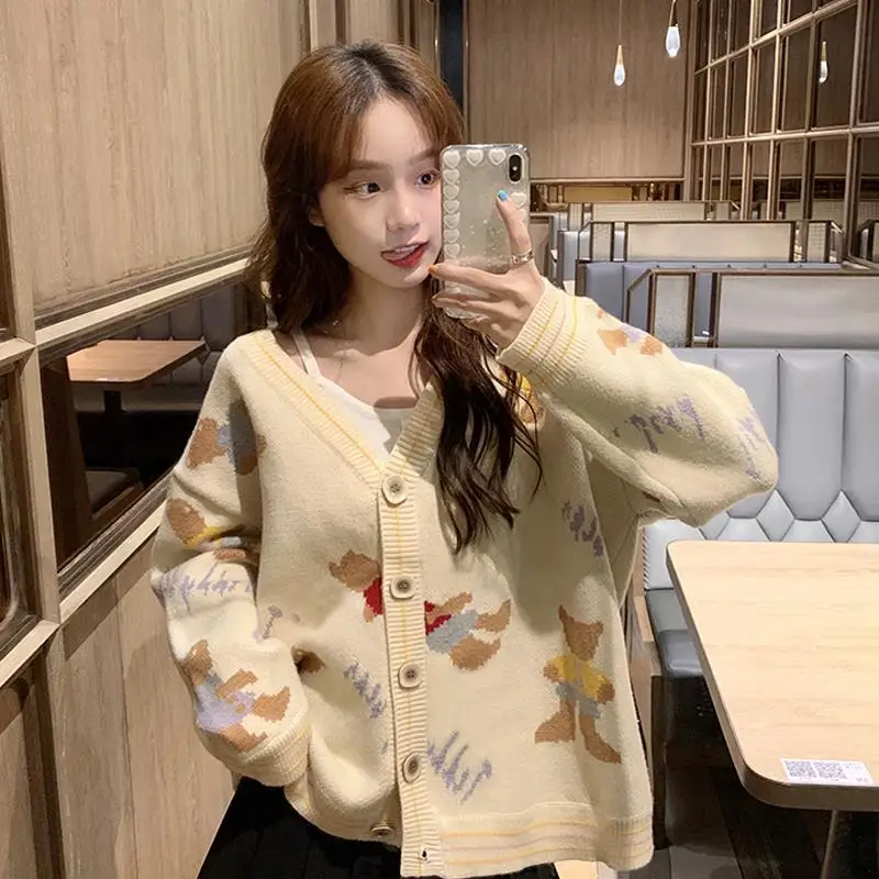 

Korean Fashion Oversized Cardigan Sweater Y2K Women 2021 Vintage Knitted Long Sleeve Tops Schoolgirl Kawaii Clothes for Girl