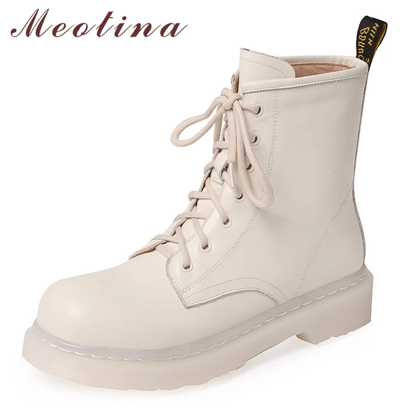 

Женские мотоциклетные ботинки Meotina, Черные ботильоны из натуральной кожи, на шнуровке, с круглым носком, Осень-зима