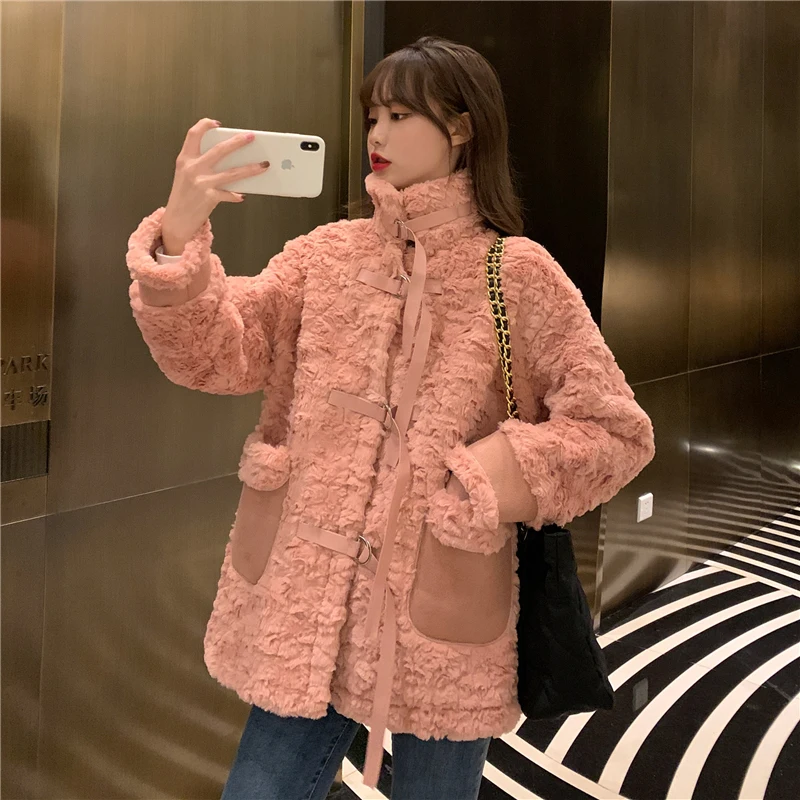 

Kawaii Teddy Jacket Girl Winter Korea Loose Rabbit Fur Thicken Coat Female Sweet Cute Pink Turtleneck Oversize Outerwear Women