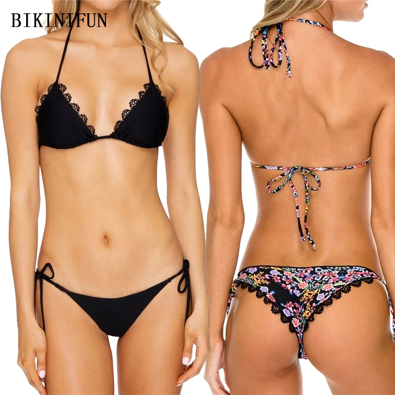 Женский треугольный купальник бралет сексуальный кружевной с открытой спиной и