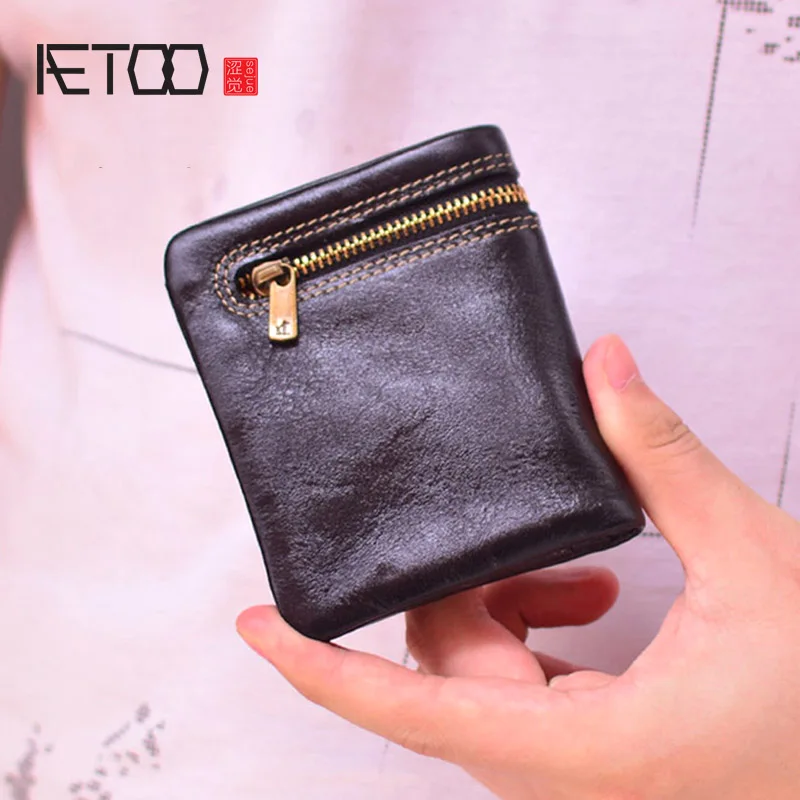 

AETOO Leather men's short wallet, soft leather trendy fashion card holder, pure cowhide handmade men's wallet