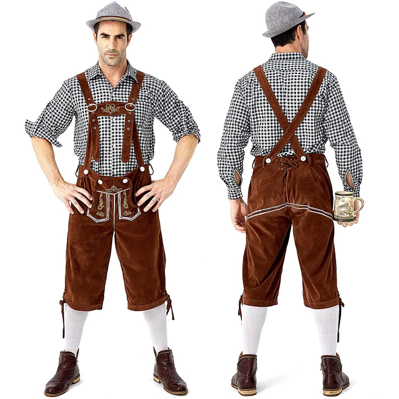 Костюм Lederhosen мужской на Октоберфест с подтяжками комплект шапки для вечеринки