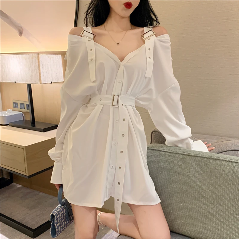 

2021 Summer Vintage Shirts Strapless Women Blouse Black Tops With Belt Casual Long Shirts Off The Shoulder Sexy Top Shirt