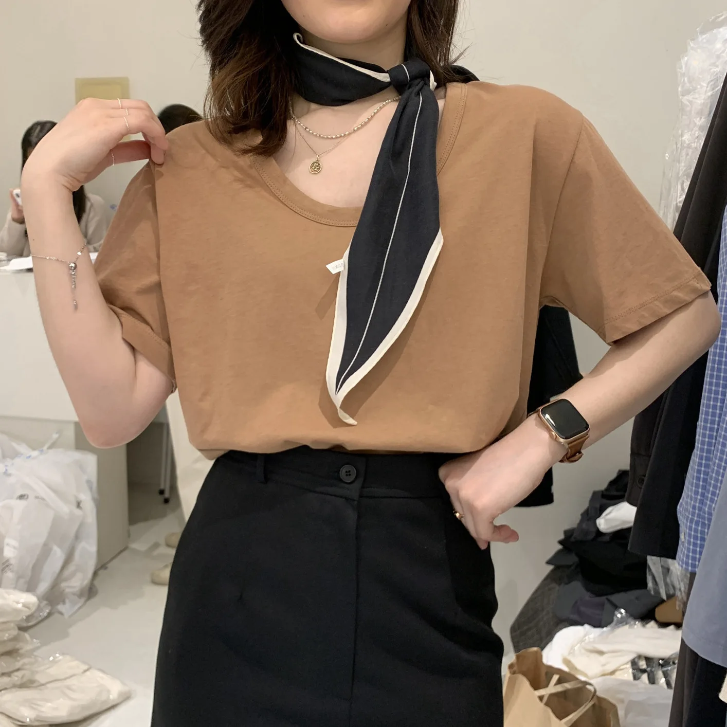 

Fashion Female Shirt Women Short Sleeve Gray V-Neck Tee Loose T-Shirt white