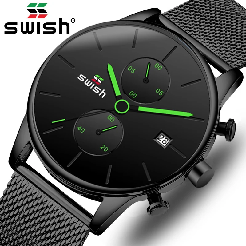 Мужские наручные часы из нержавеющей стали SWISH 2020 модные черные кварцевые