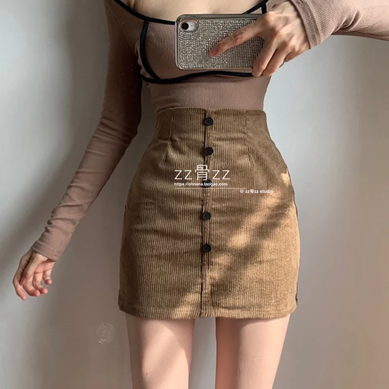 

WOMENGAGA Spring New French Button High Waist Temperament Corduroy Thin Mini Skirt Slim Hot Sexy Women Skirts Kawaii Goth N6BF