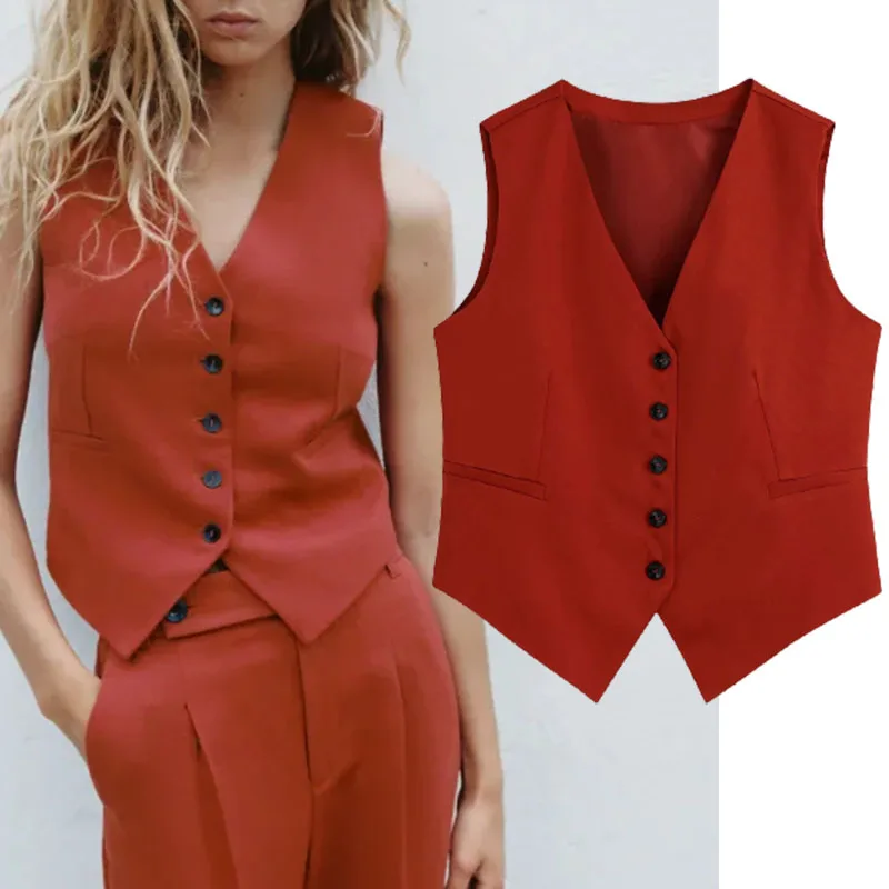 

Za 2021 Women Fashion With Slim Suit Waist coat Vintage Sleeveless Button-up Female Vest Coat Chic Veste