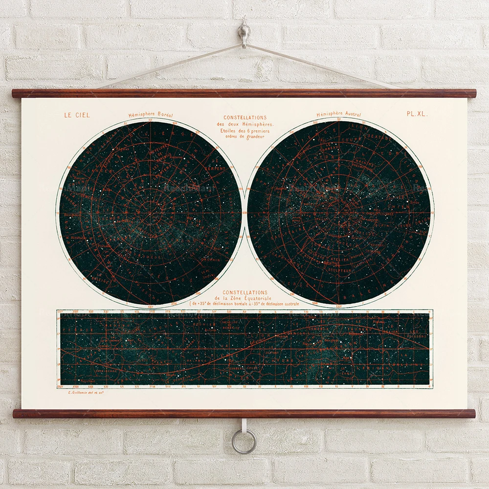 Холст Созвездие двух полусферических изображений (1877) | Небесное ночное небо