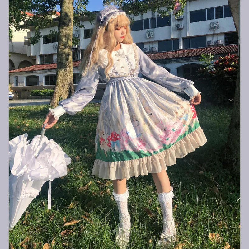 

Moko Autumn sweet Lolita dress palace princess cute Angel Forest Soft Girl Japanese Doll Collar Girl Op Dress cos maid Costumes