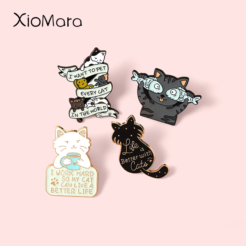 

"Life is better with cat" Enamel Pins Cute Pet Brooches Lapel Badges Wholesale Animal Pin Cartoon Jewelry Gifts for Friend