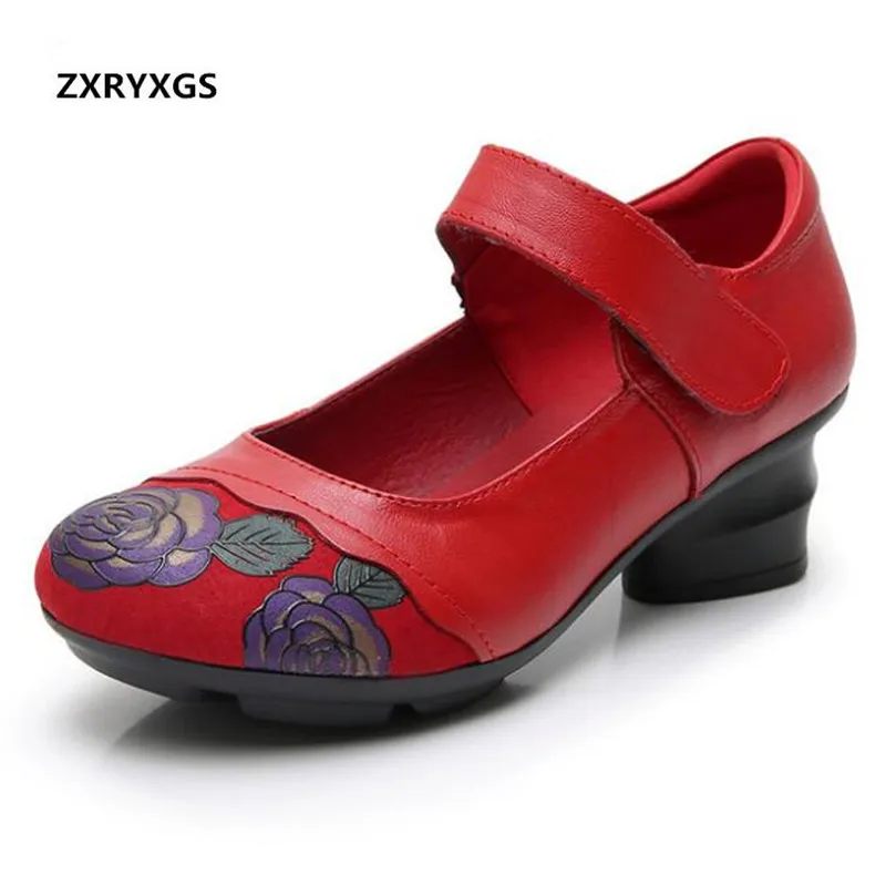 

New Autumn Retro Flower Shoes Woman Genuine Leather Shoes Fashion Casual Shoes Splice Elegant Non-slip Mother Shoes High Heels