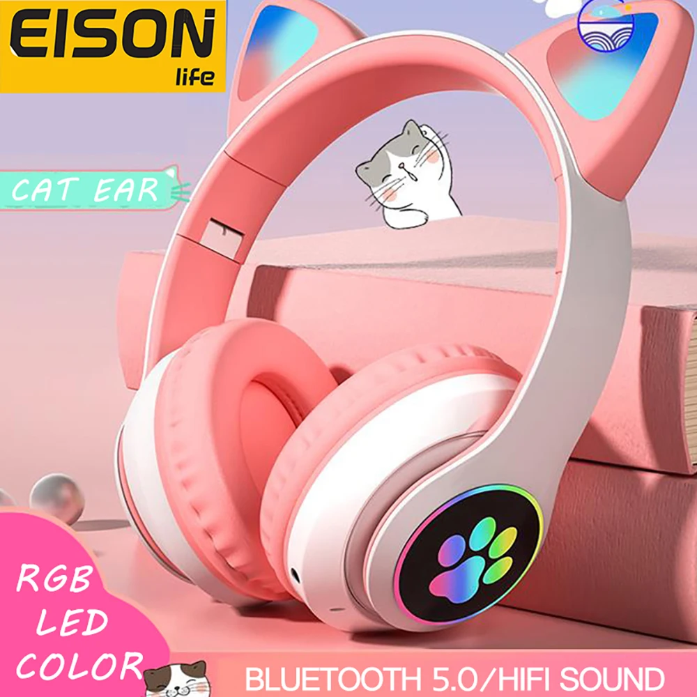 

Head-mounted Cat Ears Bluetooth Headphones Gaming Headsets Cute LED Flash Light Wireless Earphones With Mic For Xiaomi iPhone