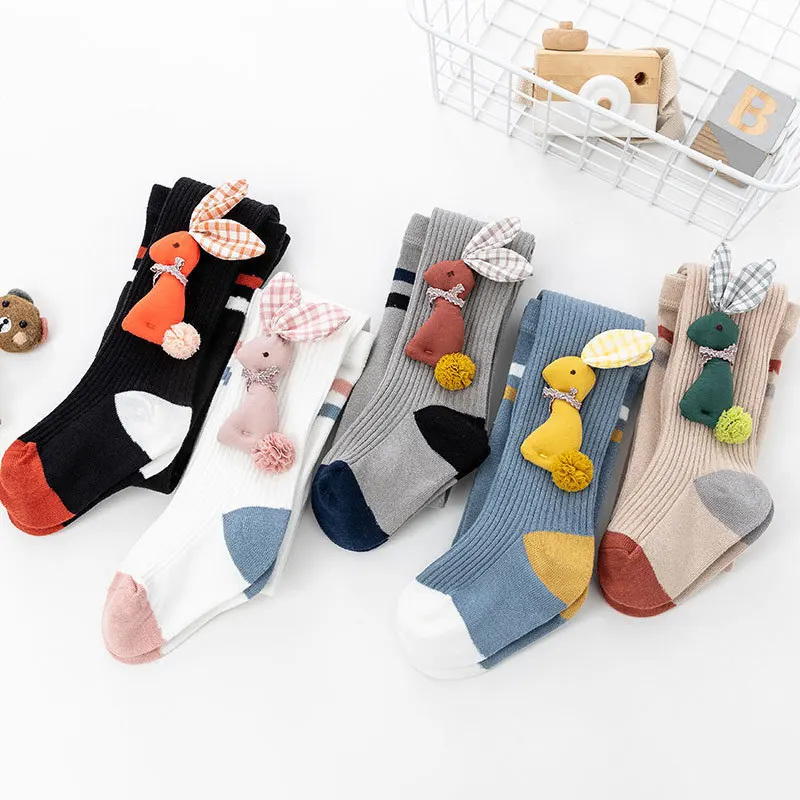 

pudcoco Baby Girls' Solid Knit Pantyhose Stocking Patchwork Stocking with Rabbit Doll Decoration for Spring Autumn Winter 1-7Y