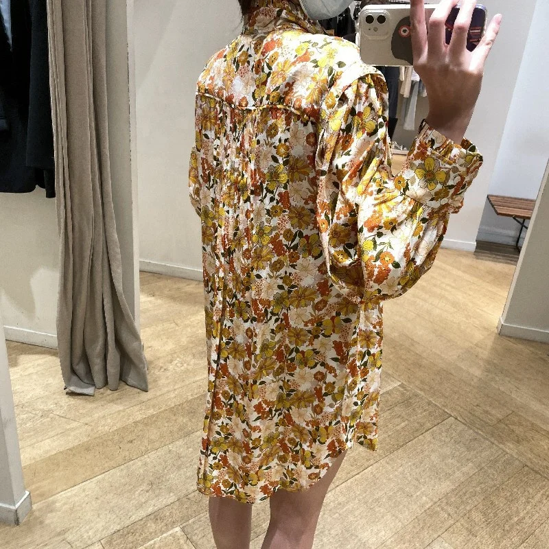 

Women's yellow print loose dress beach vacation party long-sleeved ruffle dress women