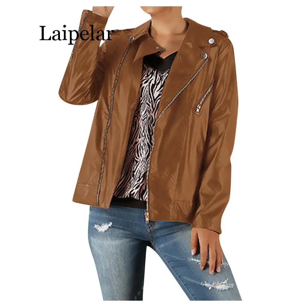 

Women Windproof Motorcycle Leather Jacket Solid Color Long Sleeve Fashion Zip Pocket Jacket Plus Size Casual Simple Womens Tops