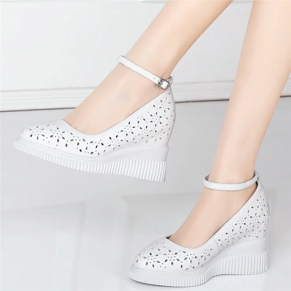 Mary Janes Women Genuine Leather Pointed Toe Ankle Strap High Heels Cutout Sandals Oxfords Casual Party Pumps