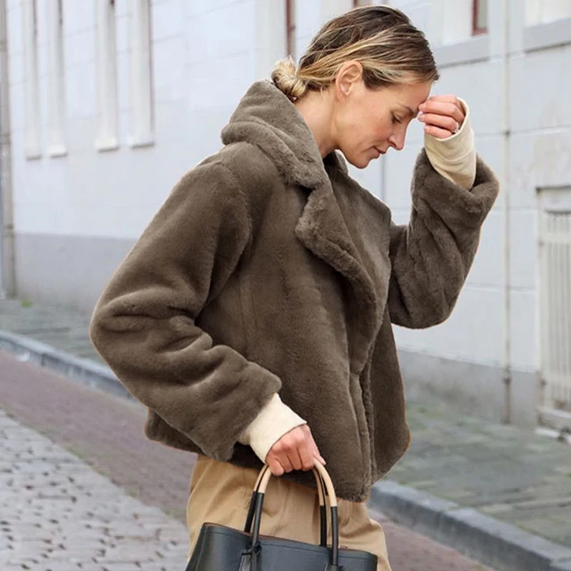 

Women Coat Winter Fluffy Faux Rabbit Fur Trun-down Neck Warm Solid Color Long Sleeve Shirt Slim Lapel Outerwear