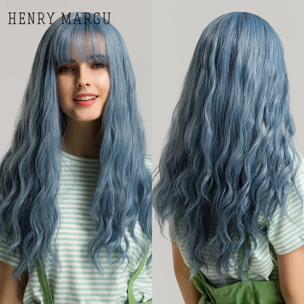 

HENRY MARGU Long Water Wave Blue Wigs for Black White Women Afro Cosplay Party Synthetic Hair Wigs with Bangs Heat Resistant