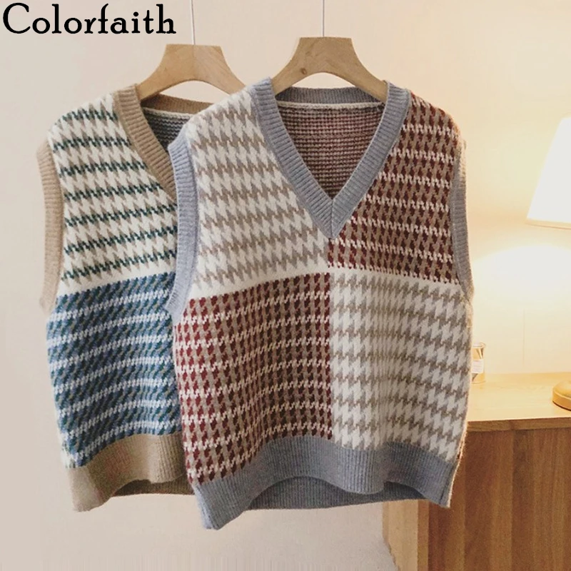 

Colorfaith 2021 New Autunm Winter Women Sweaters Vests Sleeveless Waistcoats Knitted Checkered Wild Vintage Lady Tops SWV3188JX
