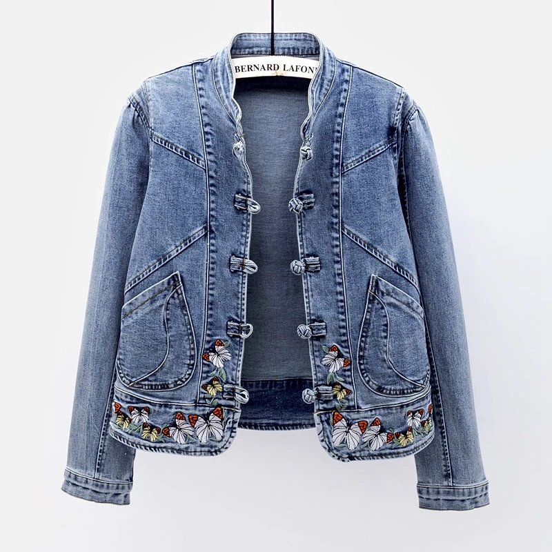 

Autumn Fashion Butterfly Embroidery Denim Jacket Women Outwear Chaquetas Mujer Stand Collar Slim Short Jeans Jackets Coat Female
