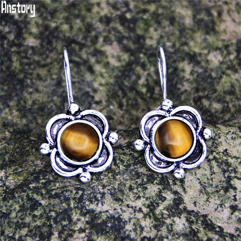 В винтажном стиле с цветочным принтом натуральный серьги тигровым глазом для