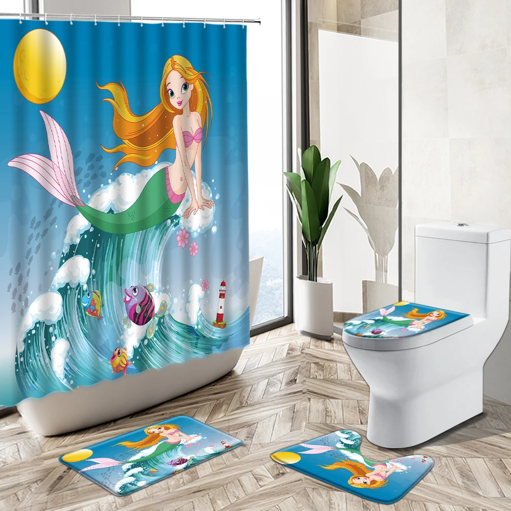 Economici Sirena Ragazza Bambino Bagno Tenda Da Doccia Set Cartone Animato Divertimento Delfino Polpo Animale Marino Tappeto Antiscivolo Coperchio Wc Tappetino Da Bagno