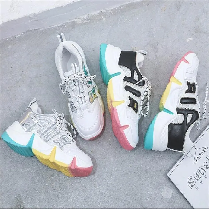 

Кроссовки женские для бега, Вулканизированная дышащая обувь радужного цвета, модная повседневная прогулочная обувь, увеличивающая рост