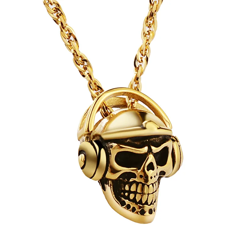 Valily Jewelry мужские Цепочки и ожерелья череп голова с bluetooth гарнитура кулон Цепочки и ожерелья Нержавеющая сталь модные золотые Earephones кулон