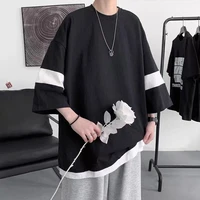 cotton summer stitching mens t shirt harajuku fashion trend five point sleeves solid color clothing vintage style hip hop tops