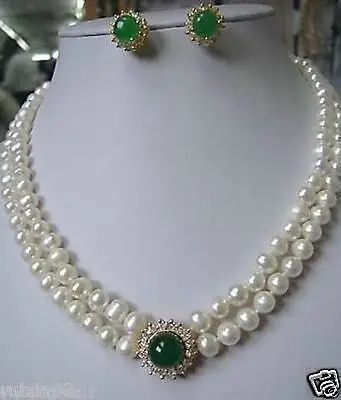 

Noblest Genuine Pearl necklace green earring set AA