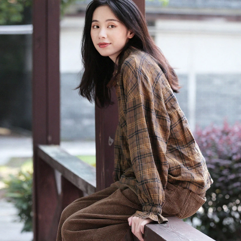 Spring Autumn Women Loose Plus Size All-match Vintage Plaid Natural Fabric Comfortable Sanding Cotton Shirts/Blouses