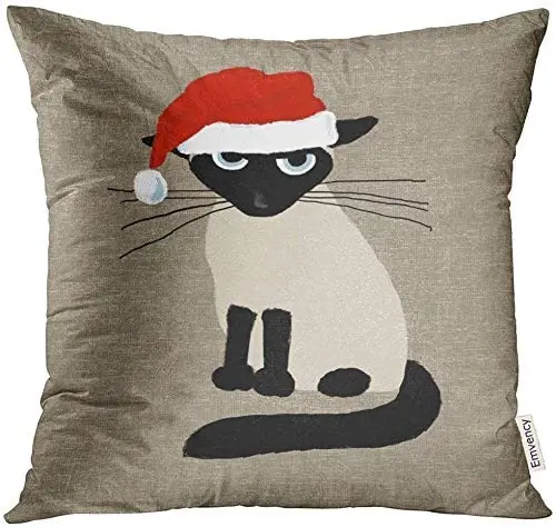 

Pillow Cover Square Polyeste Holiday Siamese Santa Claws Funny Christmas Kitty Cat Pillowcase Decoration for Bed Sofa Cushion