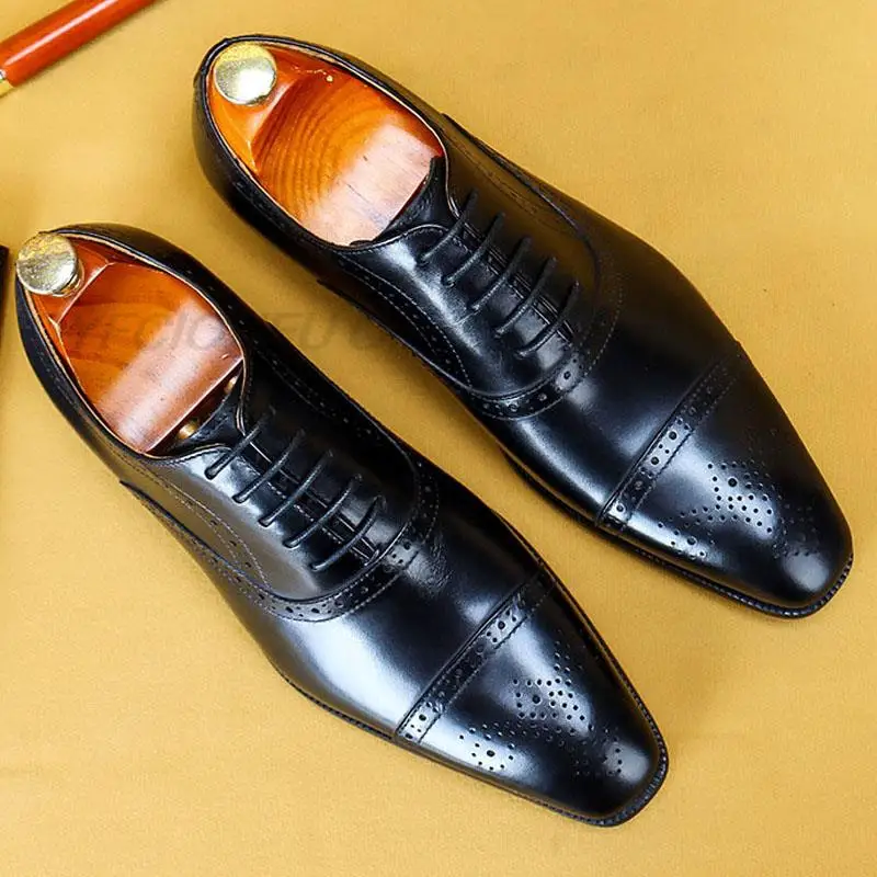 

2020 Italian Handmade Black Brown Boss Oxford Dress Shoes Mens Genuine Leather Suit Shoes Footwear Wedding Formal Tuxedo Shoes