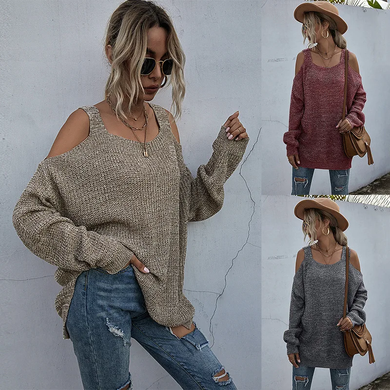 

New Autumn Women Popular Off Shoulder Sweaters Long Sleeve Loose Square Neck Pullover Knit Tops Solid Casual Bottomed Sweater