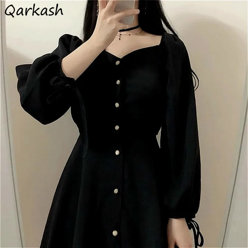 Vintage Dress Women Ulzzang Simple Black Basic Preppy Teens Vestidos Classy Retro Fashion Clothes Long Sleeve Spring New Daily | Женская