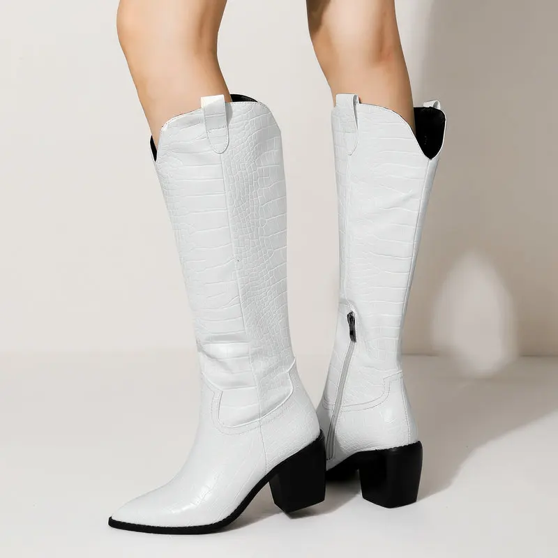 

Faux Leather Knee High Boots Chunky Heel Women Western Boots Slip On Autumn Winter Fashion Women Boots Size 34-43 Black White