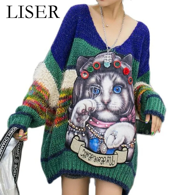 

Fashion V-Neck Sweater Women Cartoon Applique Contrast Color Knitted Sweater 2022 Spring New Trend Pullover Sweater Green LL128
