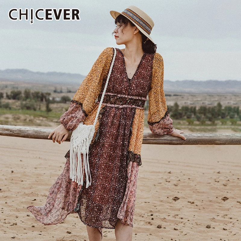 

CHICEVER Vintage Print Dress For Women V Neck Lantern Long Sleeve High Waist Patchwork Hit Color Ruffles Elegant Dresses Female