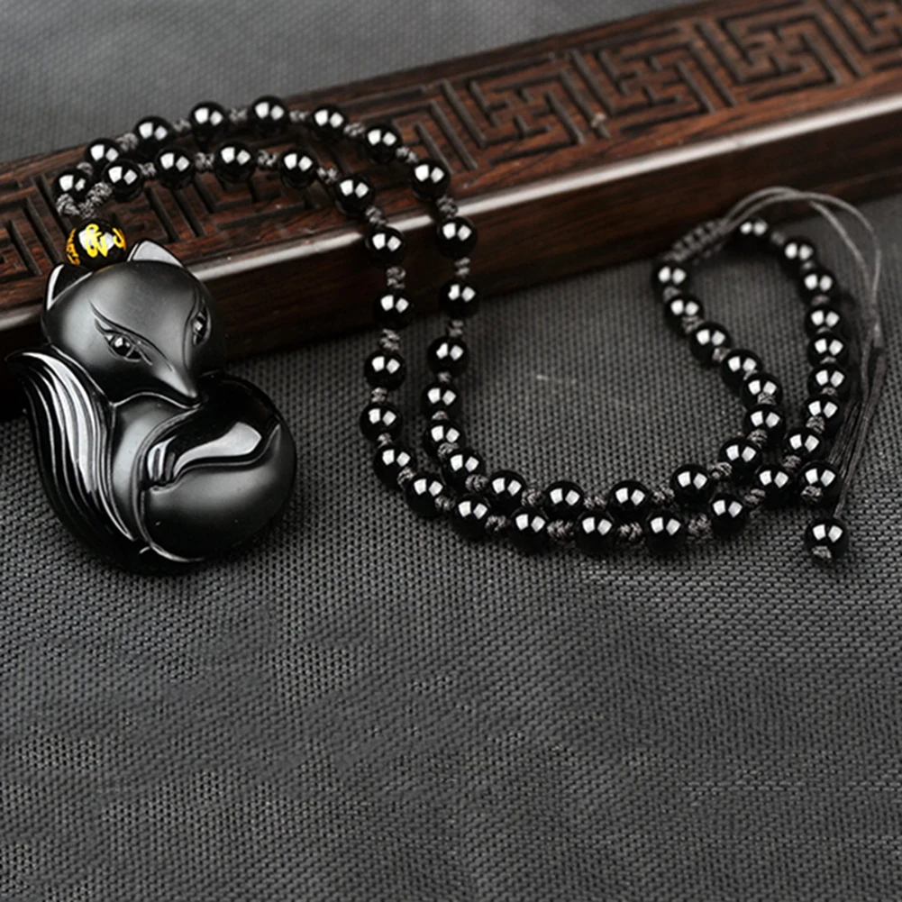 Обсидиановый амулет с резьбой в виде лисы ожерелье кулоном из бусин ювелирное