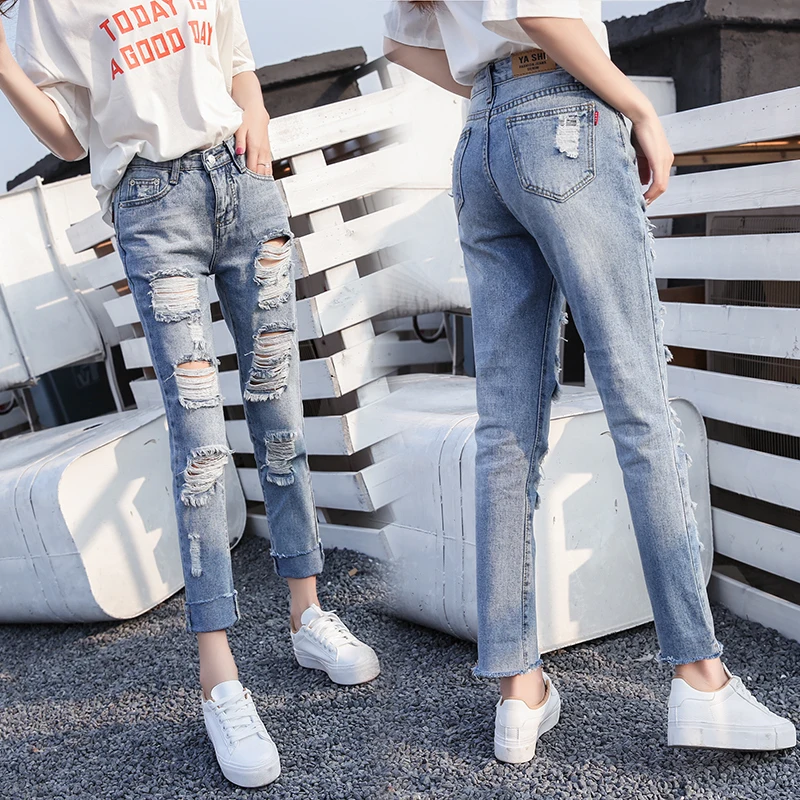 

Ripped Jeans Women's Spring New Korean BF High Waist Straight Loose Large Size Brushed Beggar Cropped Pants Fashion