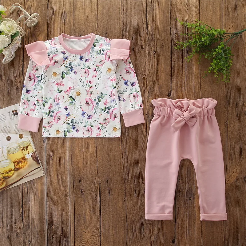 203446 Pink Одежда для девочек Повседневная футболка для новорожденных девочек с рукавами-крылышками топы, леггинсы, комплект одежды для близнецов, одежда для маленьких девочек, D20 - Цвет: 203446 Pink