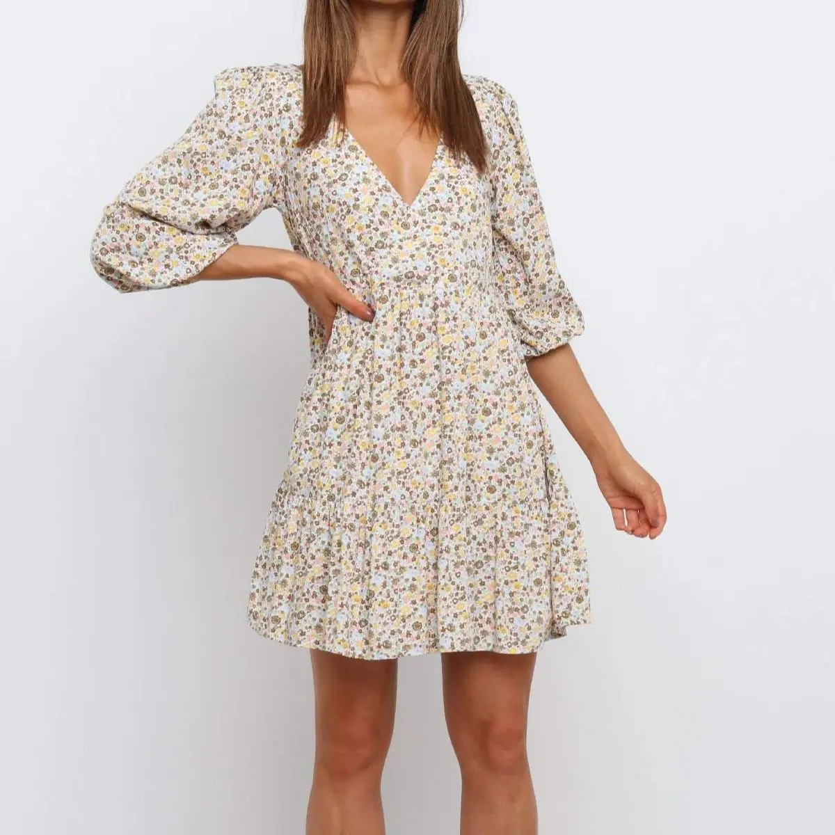 

Women Ruffles Floral Print V-Neck Half Sleeves Pleated Dress Casual Puff Sleeves Boho Mini Party Vestidos