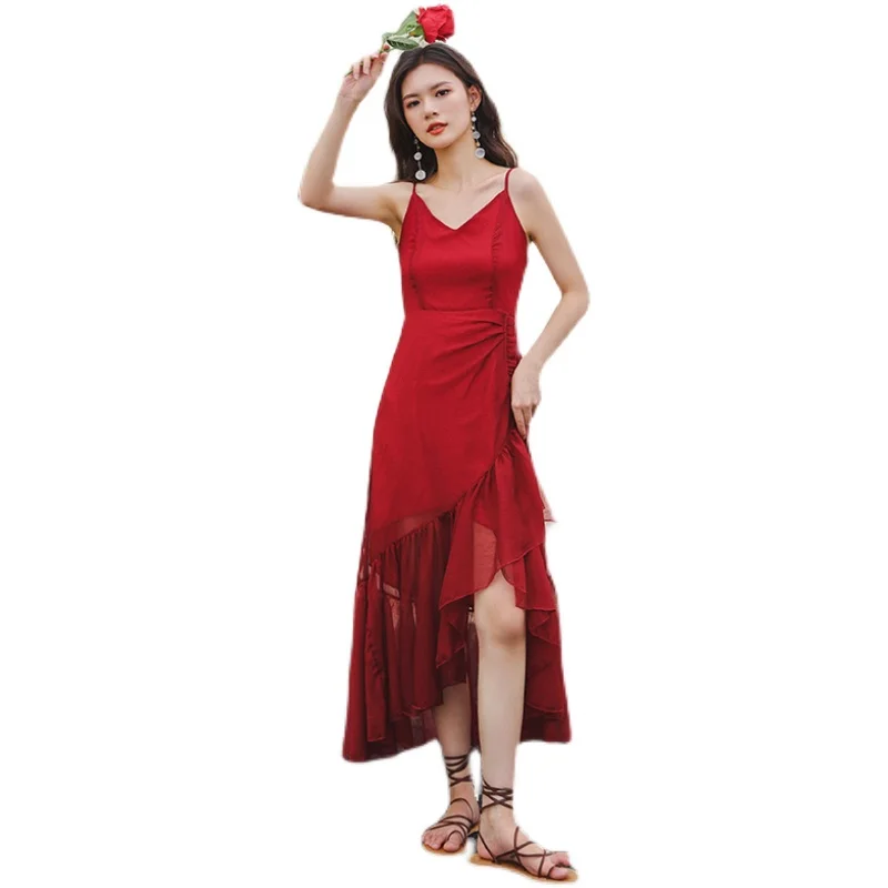 

Women Dress Summer 2021 Office Lady Vintage Ruffles Sleeveless Chiffon Solid Spaghetti Strap High Waist Zipper V-Neck Dresses