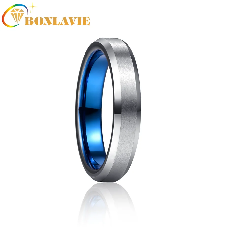 

BONLAVIE 4mm Blue Outer Ring Steel Salad Chamfered Tungsten Carbide Ring Wedding Band for Men Comfort Rings Engagement Jewelry