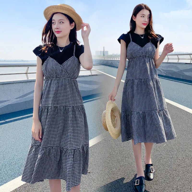 

Fashion pregnant women fake two pieces of pregnant women dress summer new stitching floral long Plaid skirt fashionable mate