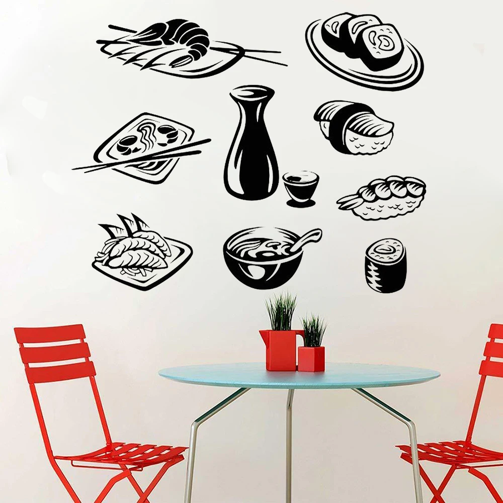 

Настенный декор для суши, наклейка на стену, рис, рыба, Японская еда, палочки для еды, наклейка на стену, суши, еда, знак, виниловый декор для столовой, наклейка s C241