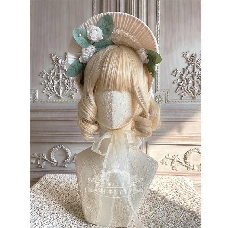 

Rose Lolita Handmade Straw hat Gorgeous Elegant Tea Party Flat Cap Pastorale Style Multilayer Lace Bonnet Bnt bb Hat Mori Girl