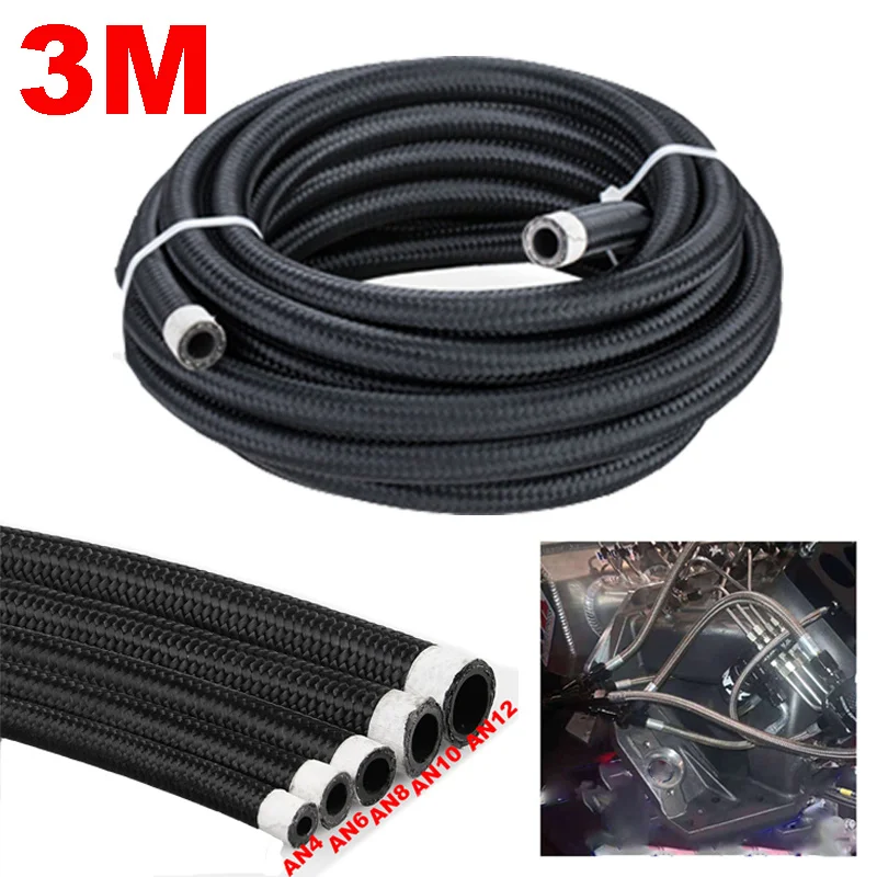 

10FT/3M AN4 AN6 AN8 AN10 AN12 AN16 Fuel Hose Oil Gas Cooler Hose Line Pipe Tube Nylon Stainless Steel Braided Inside CPE Rubber