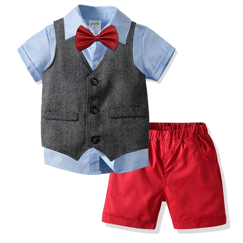 3 шт. комплект одежды для мальчиков: жилет шорты и рубашка с галстуком|Блейзеры| |