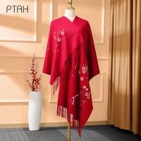 ptah wool scarves for women thicker cashmere shawl wrap warmer comfortable winter temperament embroidery large scarf 20060cm